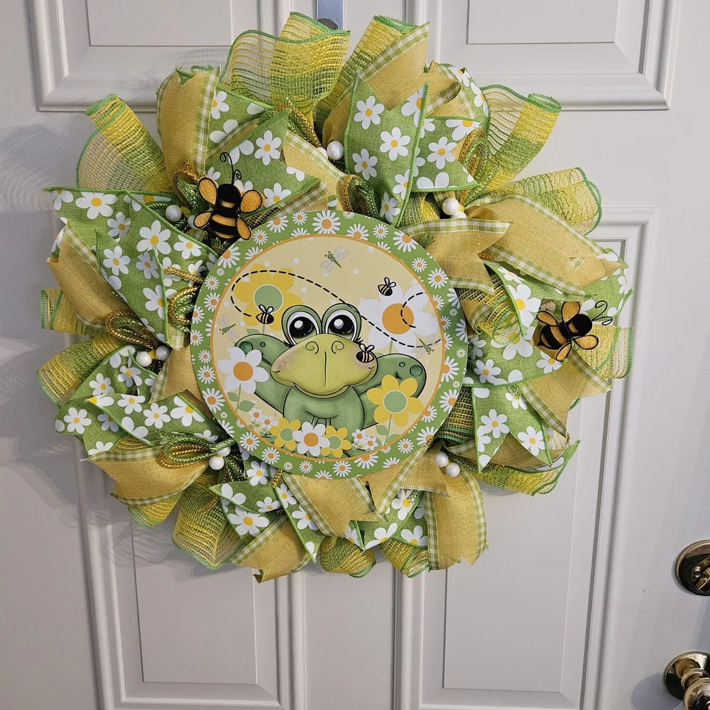 Spring Frog & Bees Decorative Door Wreath - Yellow & Green
